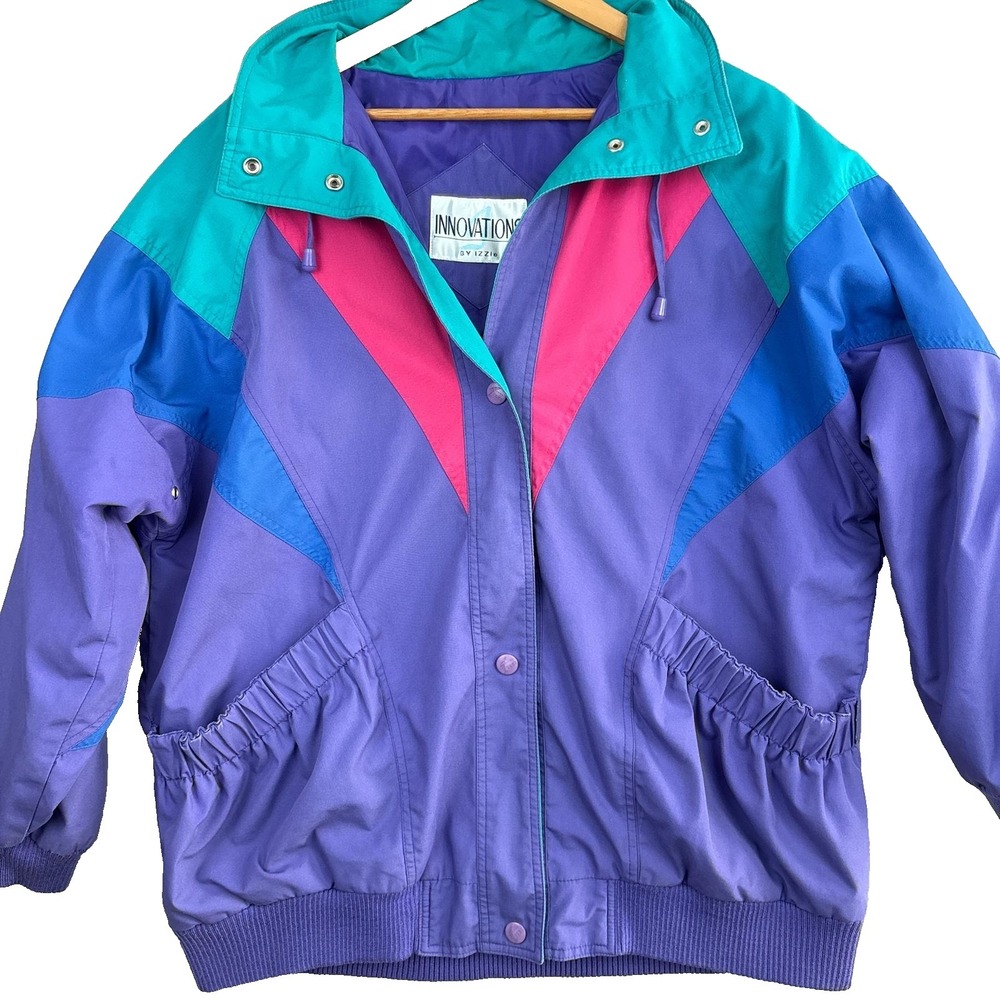 Vintage 90's Izzi Colorblock Windbreaker Womens XL Purple Button Coat
